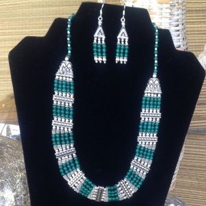 Green Jade Onyx Sterling Silver Necklace & Earring